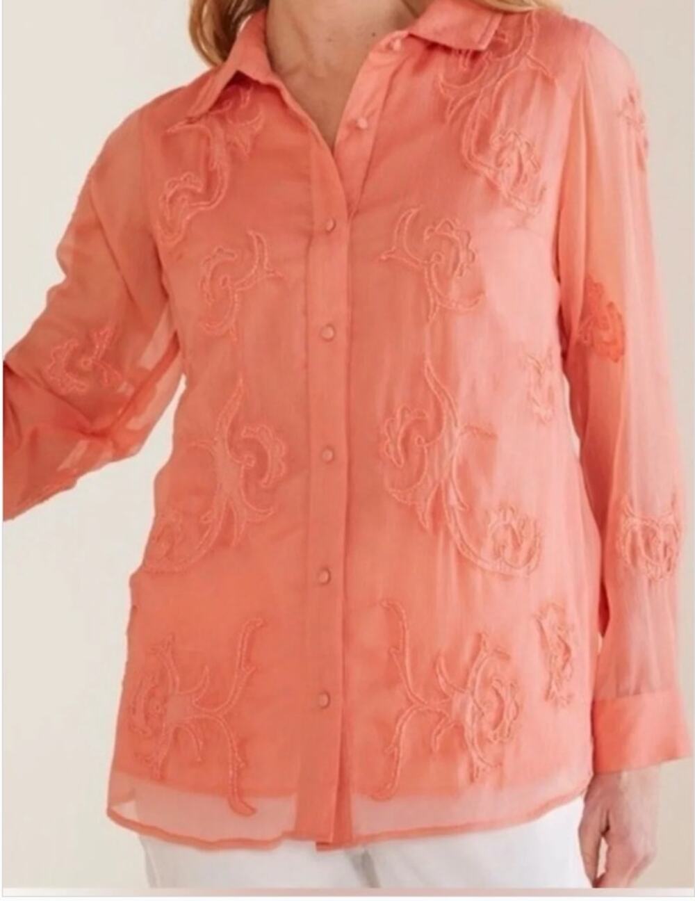 Soft Surroundings XL Savannah Embellished Tunic Button Down Coral Women's